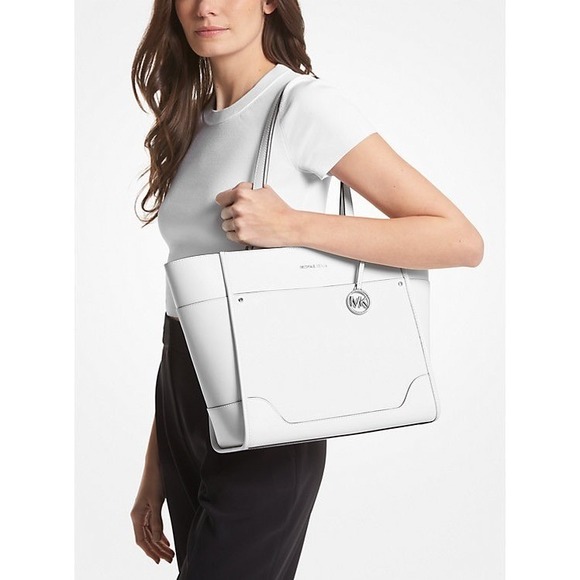 NWT MICHAEL Michael Kors Harrison Large Top Zip Tote in Optic White/ Allum - Picture 4 of 10